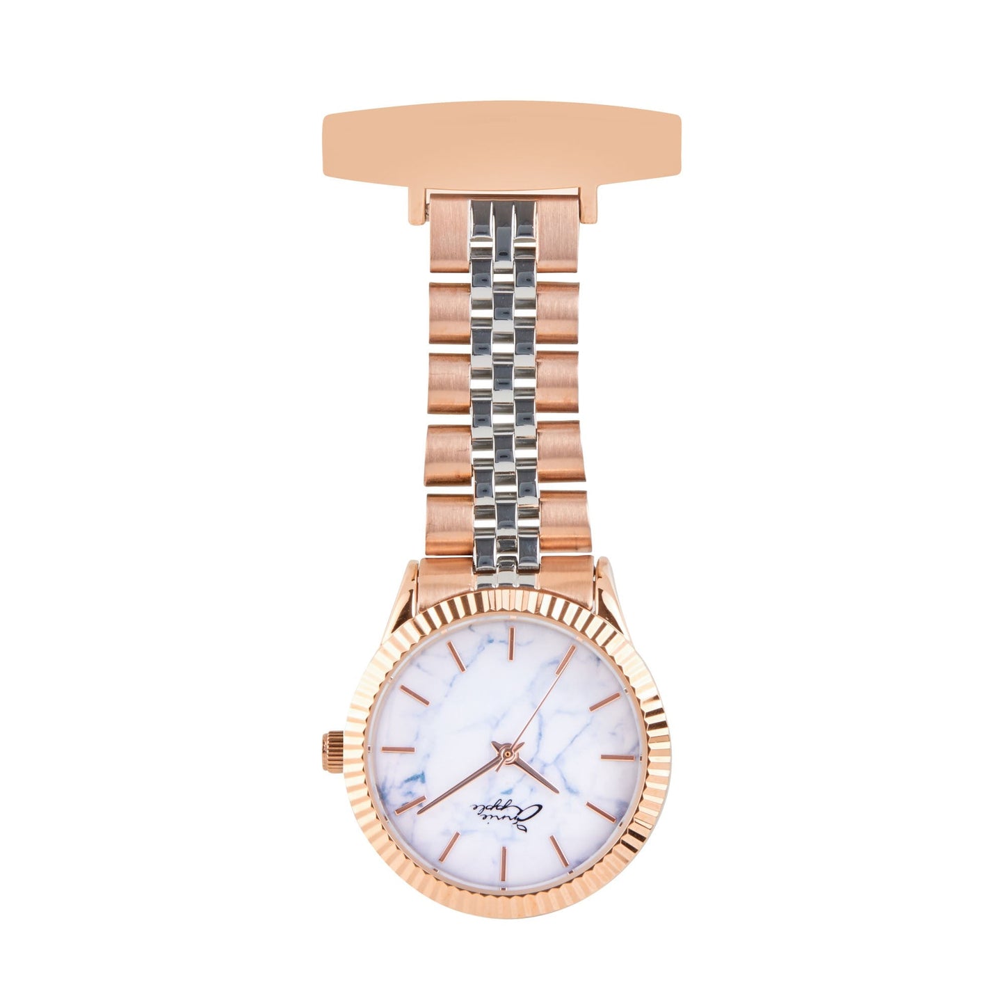 Light Gray Annie Apple Nurses Fob Watch - Callista - Marble/Silver/Rose Gold - Link - 35mm