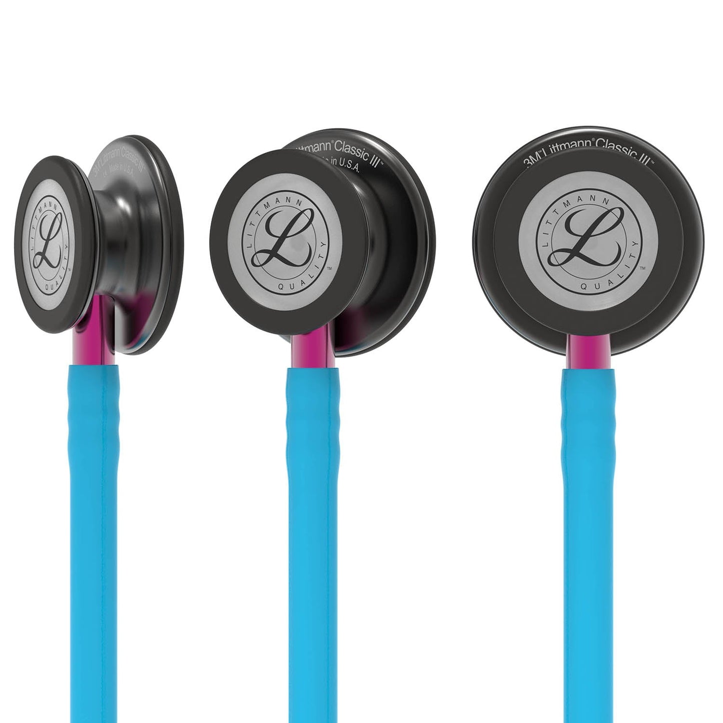 Dark Gray Littmann Classic III Monitoring Stethoscope: Smoke & Turquoise - Pink Stem 5872