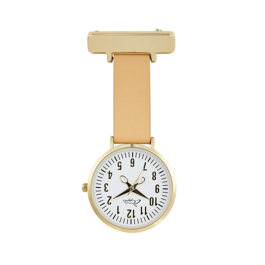 Tan Annie Apple Nurses Fob Watch - Aurora - White/Gold/Tan - Leather - 35mm