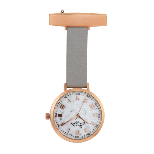 Rosy Brown Annie Apple Nurses Fob Watch - Meraki - Marble/Rose Gold/Grey - Leather - 35mm