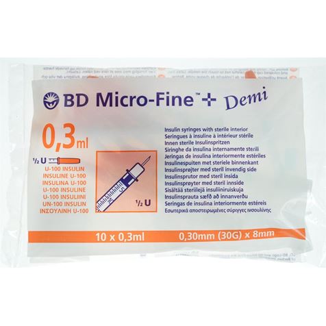 B & D Insulin Needles 8mm x 30g with 0.3 ml syringe per 100