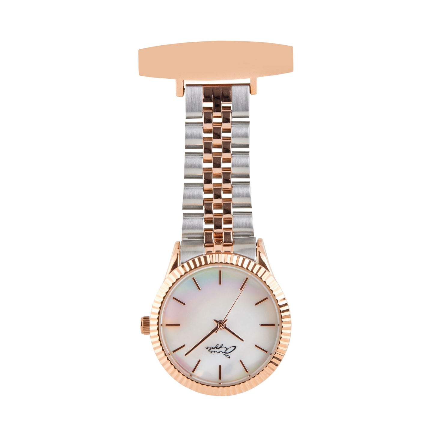 Gray Annie Apple Nurses Fob Watch - Callista - Pearl/Rose Gold/Silver - Link - 35mm