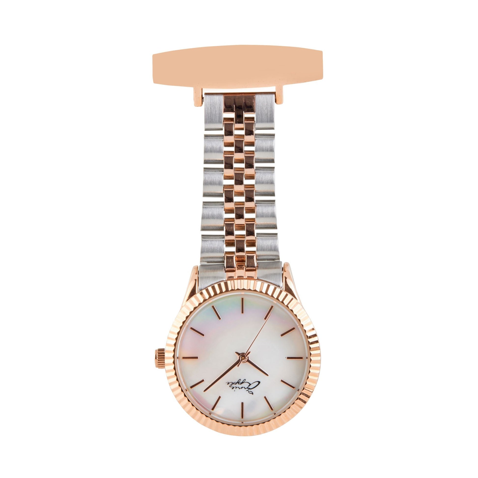 Gray Annie Apple Nurses Fob Watch - Callista - Pearl/Rose Gold/Silver - Link - 35mm