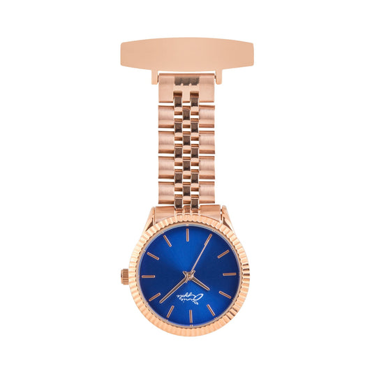Midnight Blue Annie Apple Nurses Fob Watch - Callista - Blue/Rose Gold - Link - 35mm