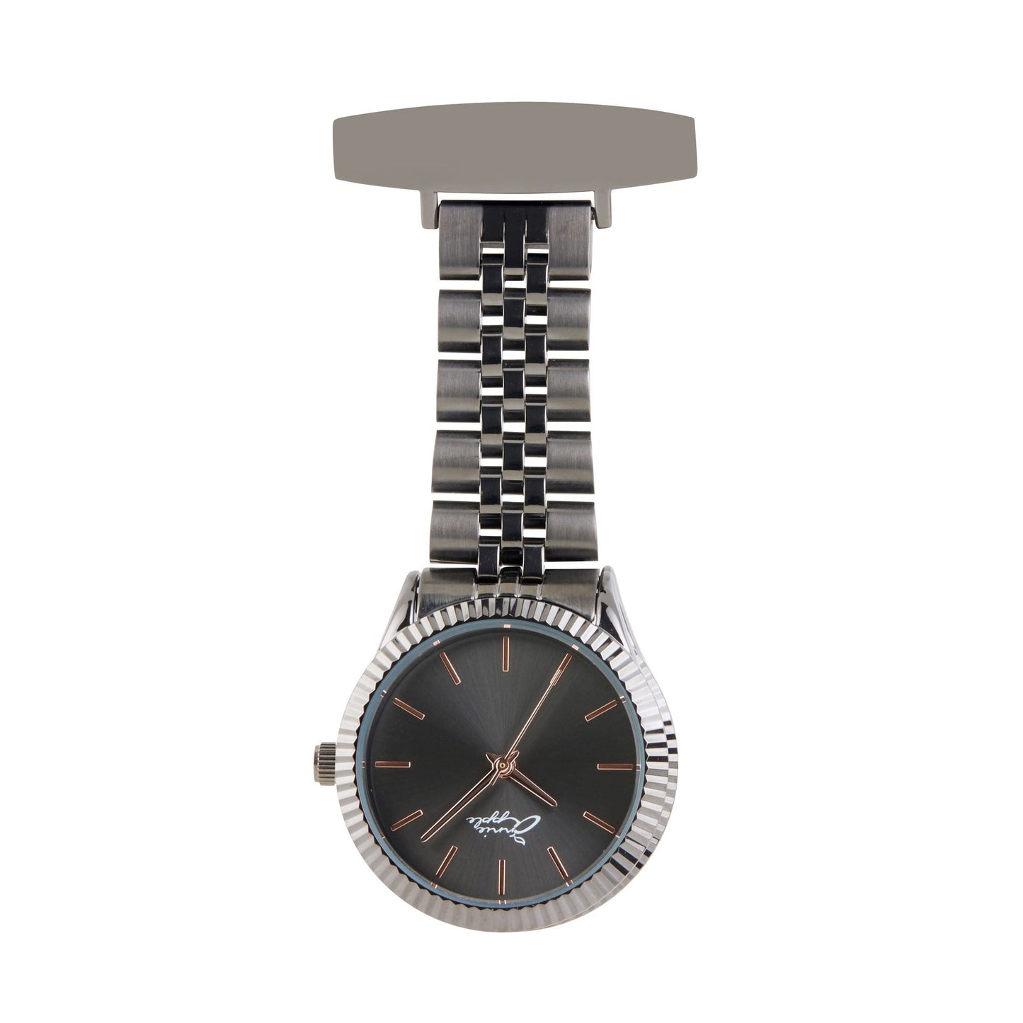 Dark Slate Gray Annie Apple Nurses Fob Watch - Callista - Rose Gold/Gunmetal - Link - 35mm