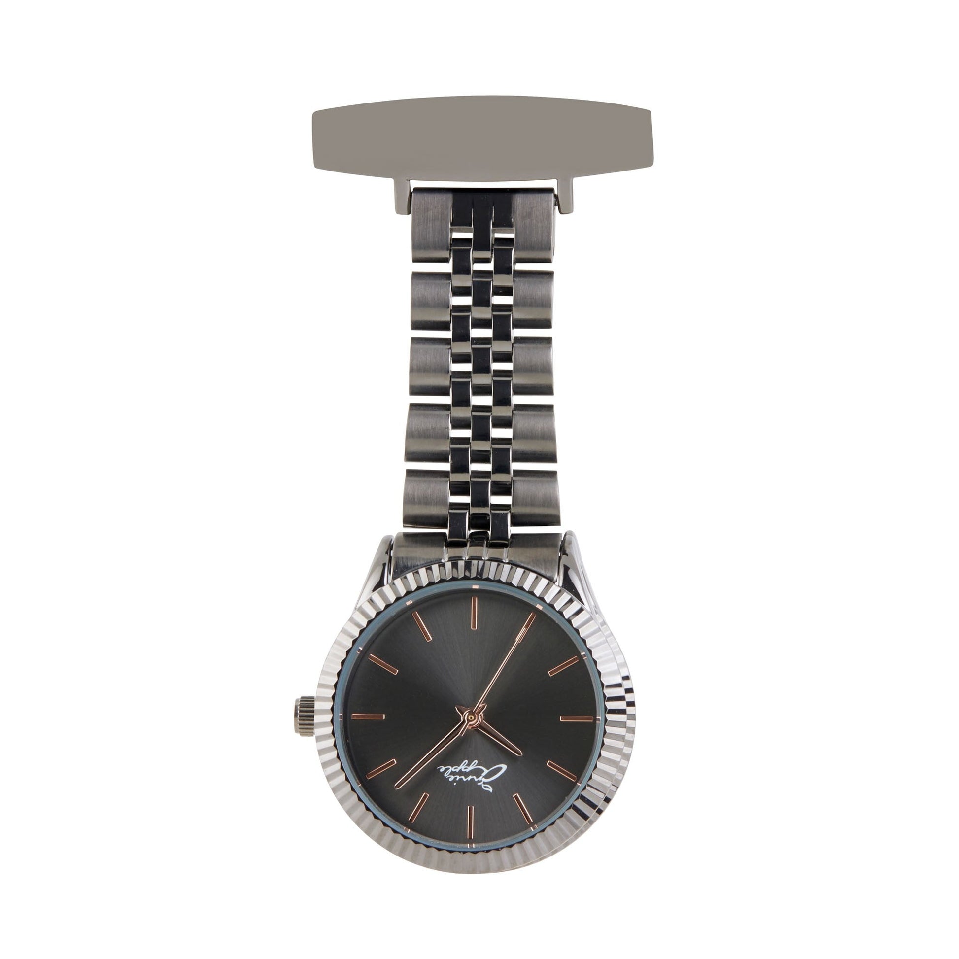 Dark Slate Gray Annie Apple Nurses Fob Watch - Callista - Rose Gold/Gunmetal - Link - 35mm