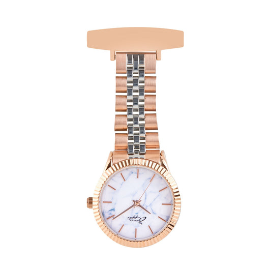 Light Gray Annie Apple Nurses Fob Watch - Callista - Marble/Silver/Rose Gold - Link - 35mm