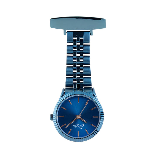 Dark Slate Blue Annie Apple Nurses Fob Watch - Callista - Rose Gold/Blue - Link - 35mm