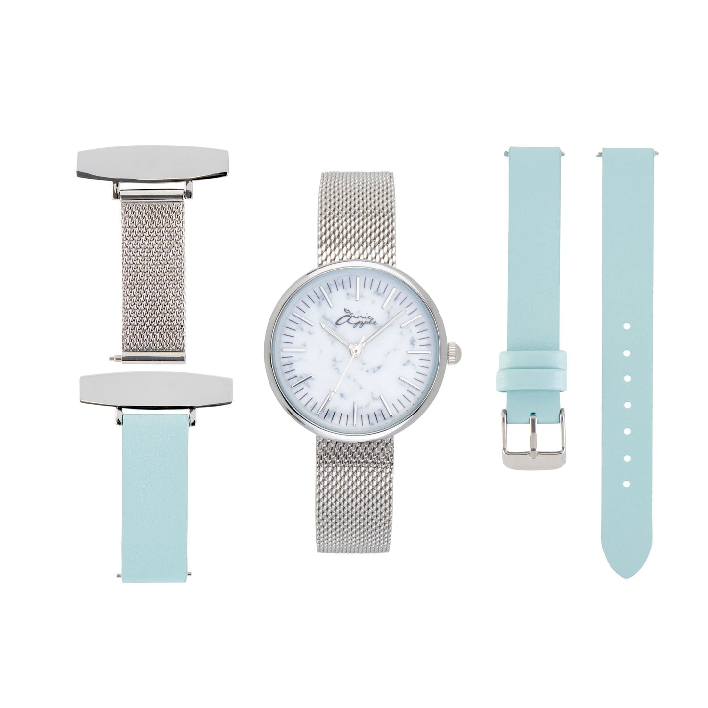 Light Gray Annie Apple Nurses Fob Watch - Venus - Gold Mesh - Blue Leather - 35mm