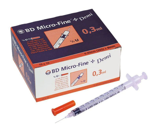 B & D Insulin Needles 8mm x 30g with 0.3 ml syringe per 100