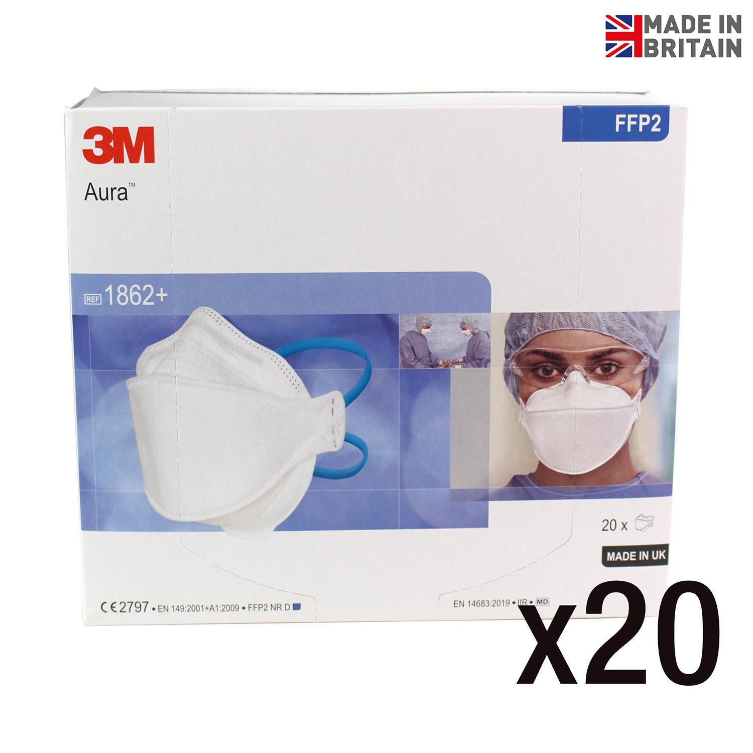 Light Gray 3M™ 1862+ Aura™ FFP2 [+IIR] Healthcare Respirator Mask x 20